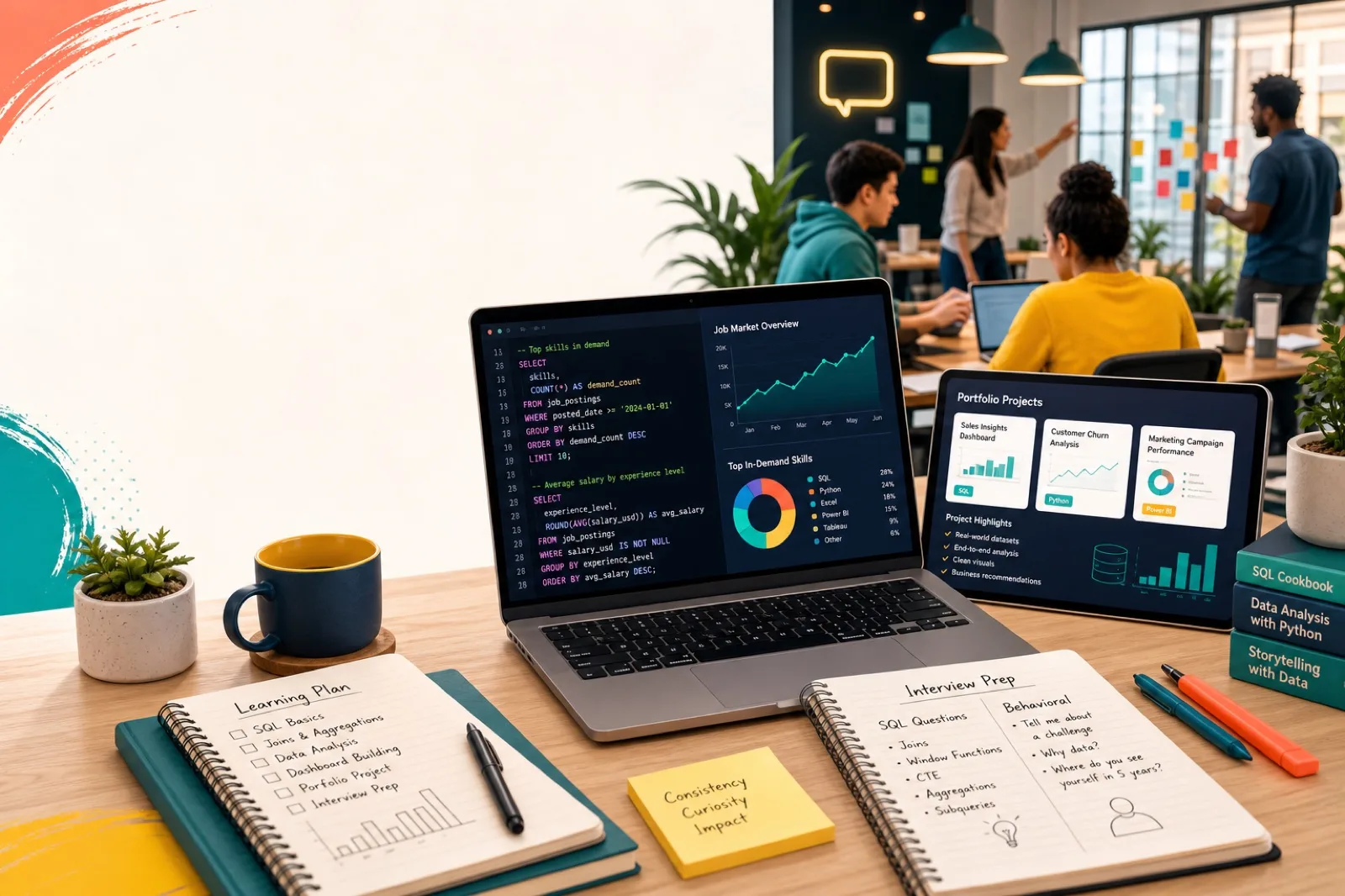 DataCareerHub workspace connecting SQL practice, job-market skills, portfolio projects, and interview preparation