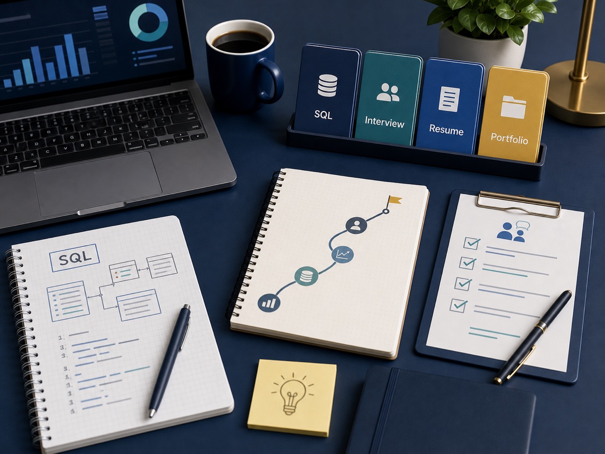 Data career guide workspace with SQL, interview, resume, and portfolio learning cards