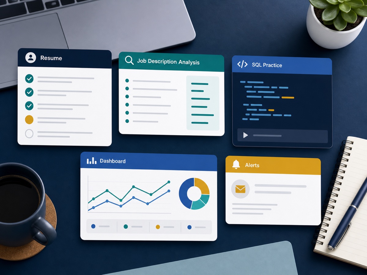 DataCareerHub guidance, SQL practice, resume, dashboard, and alert cards