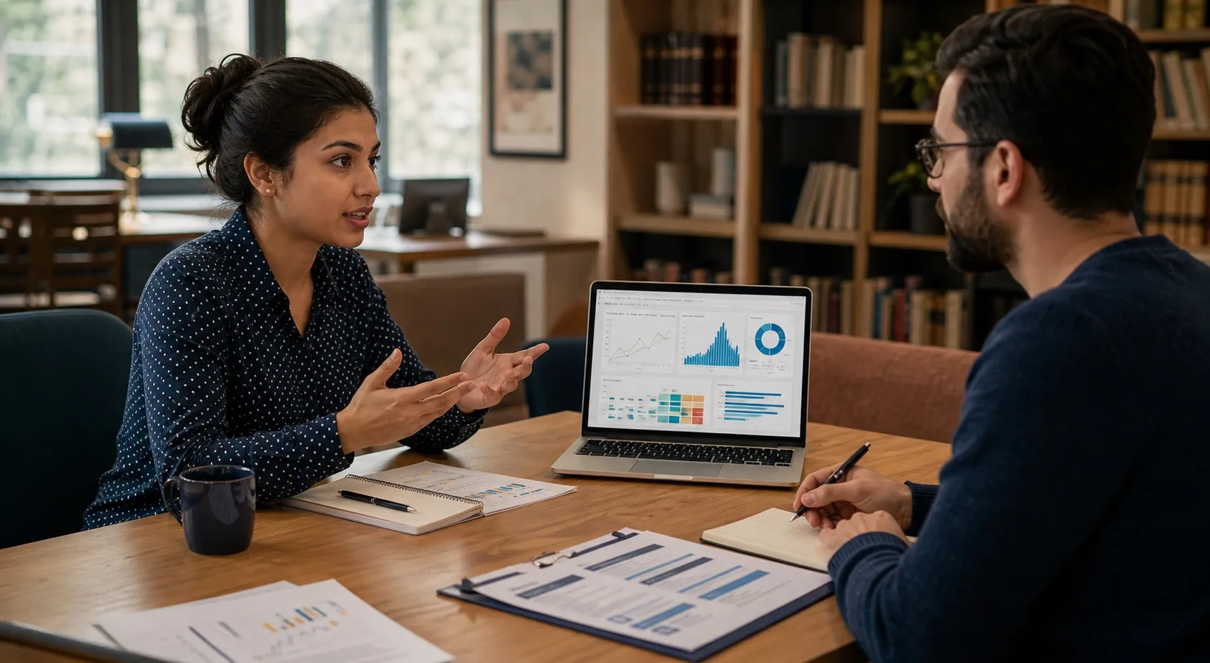 A data professional practicing a portfolio and interview discussion with a mentor