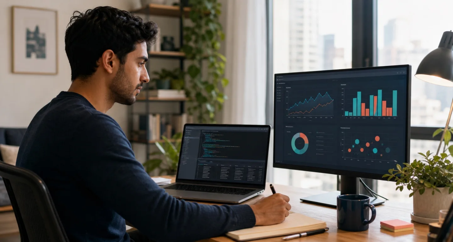 A data learner working through analytics exercises at a home workspace