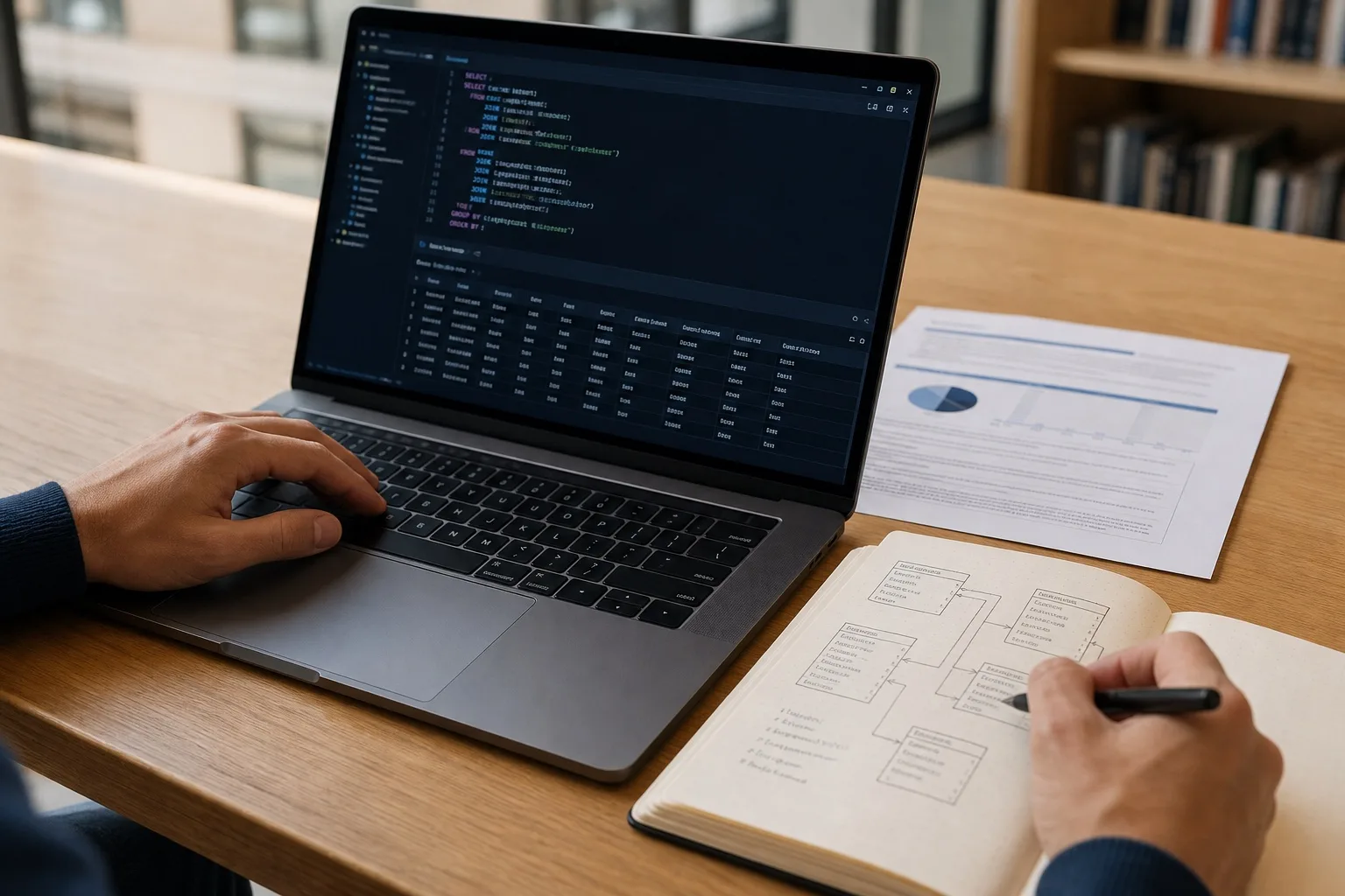 A learner practicing SQL on a laptop while planning a data model in a notebook